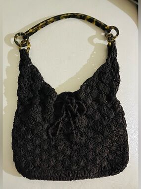 BOHO chocolate shoulder bag with leopard print resin top handle by Hooked